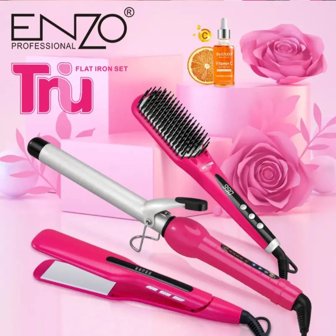 PACK 3 EN 1 LISSEUR BROSSE BOUCLEUR ROSE 3955W ENZO