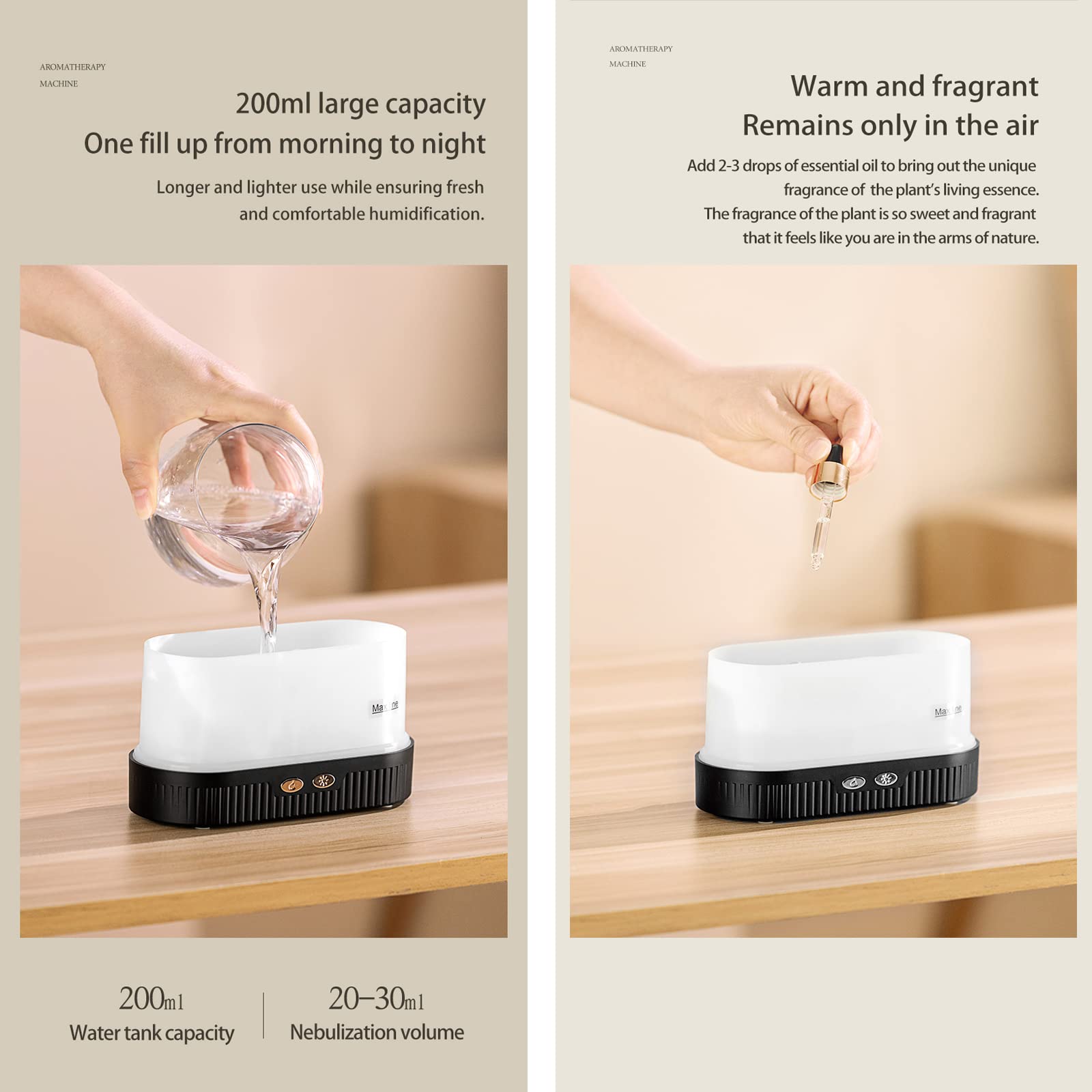 DIFFUSEUR D’HUILES ESSENTIELLES ET HUMIDIFICATEUR AVEC FLAMME DE VAPEUR (NOIR)