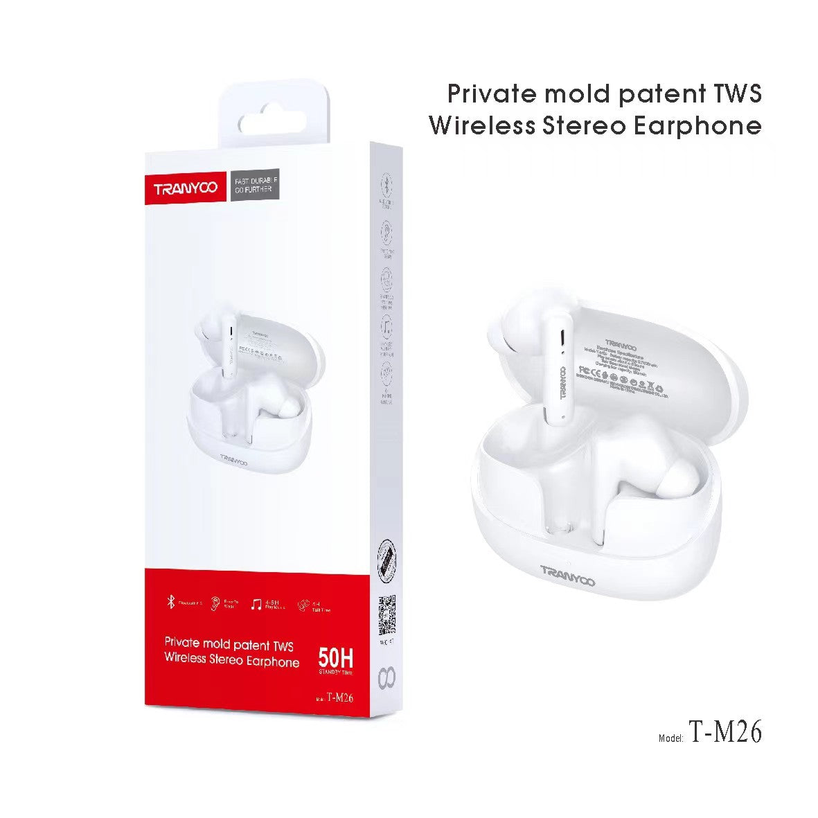 TRANYOO M26 TWS BLUETOOTH 5.3 SANS FIL ÉCOUTEUR ÉTANCHE EARPOD TACTILE STÉRÉO AVEC MICRO (BLANC)