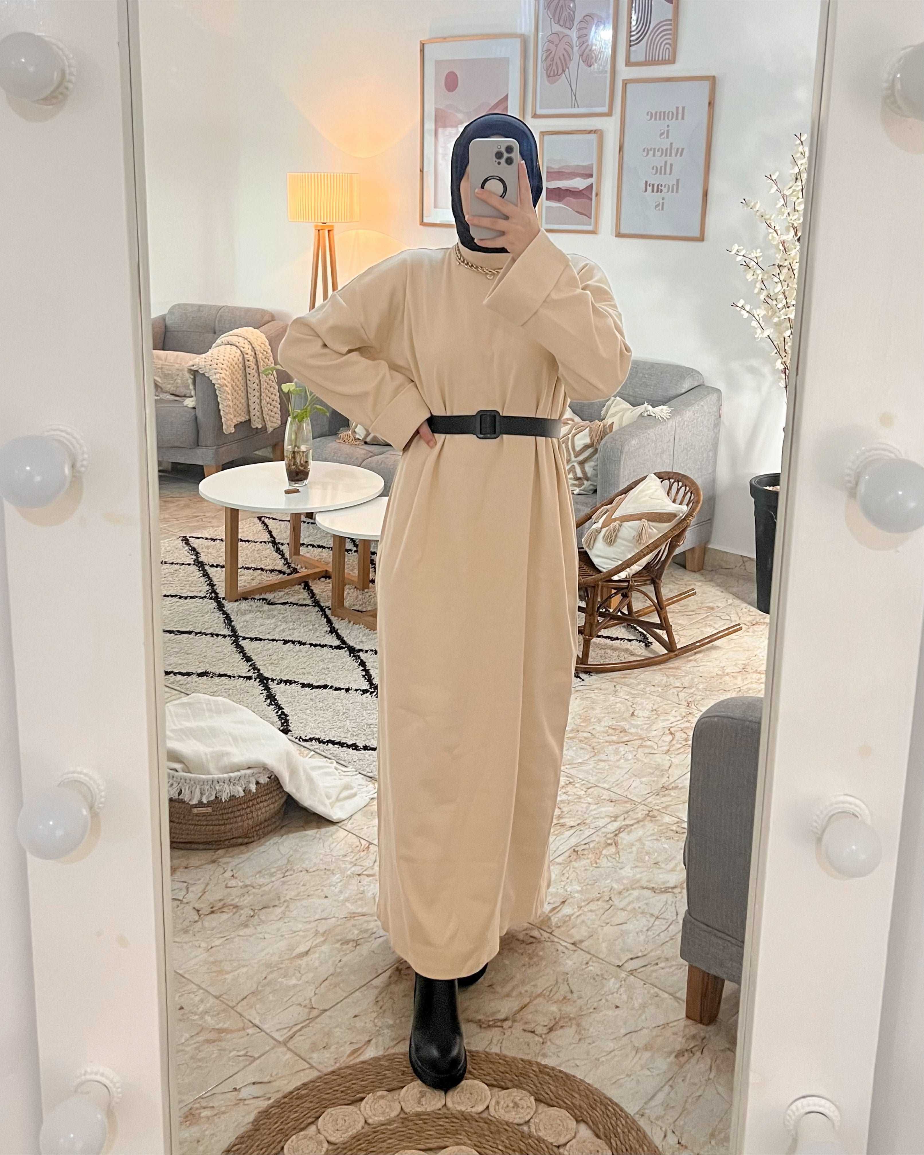 ROBE DION WINTER CHAUDE AVEC CEINTURE COULEUR BEIGE CLAIR
