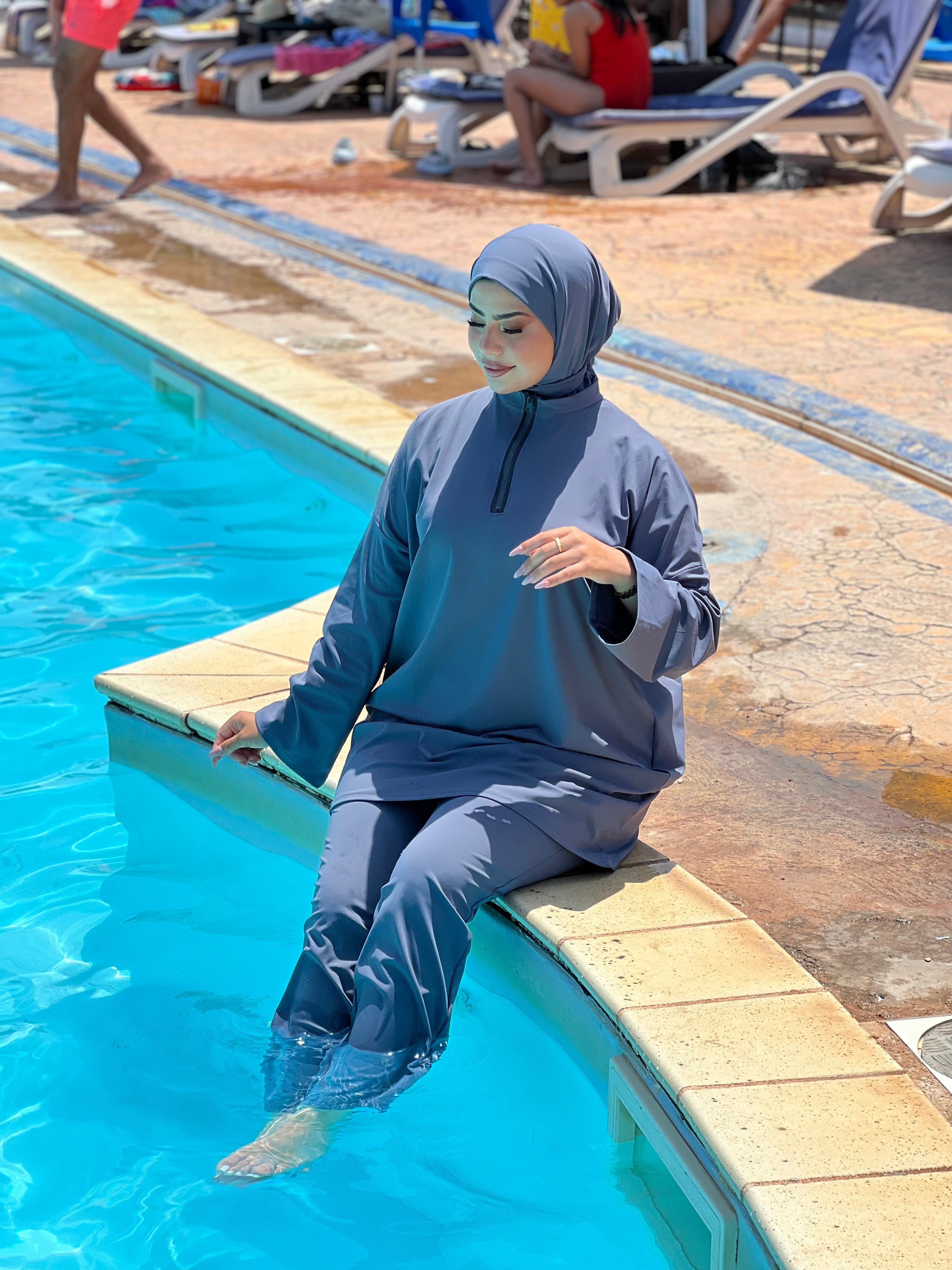 BURKINI STYLE SHEIN COULEUR BLEU GRIS 3 PIÈCES AVEC BOURSE DE RANGEMENT