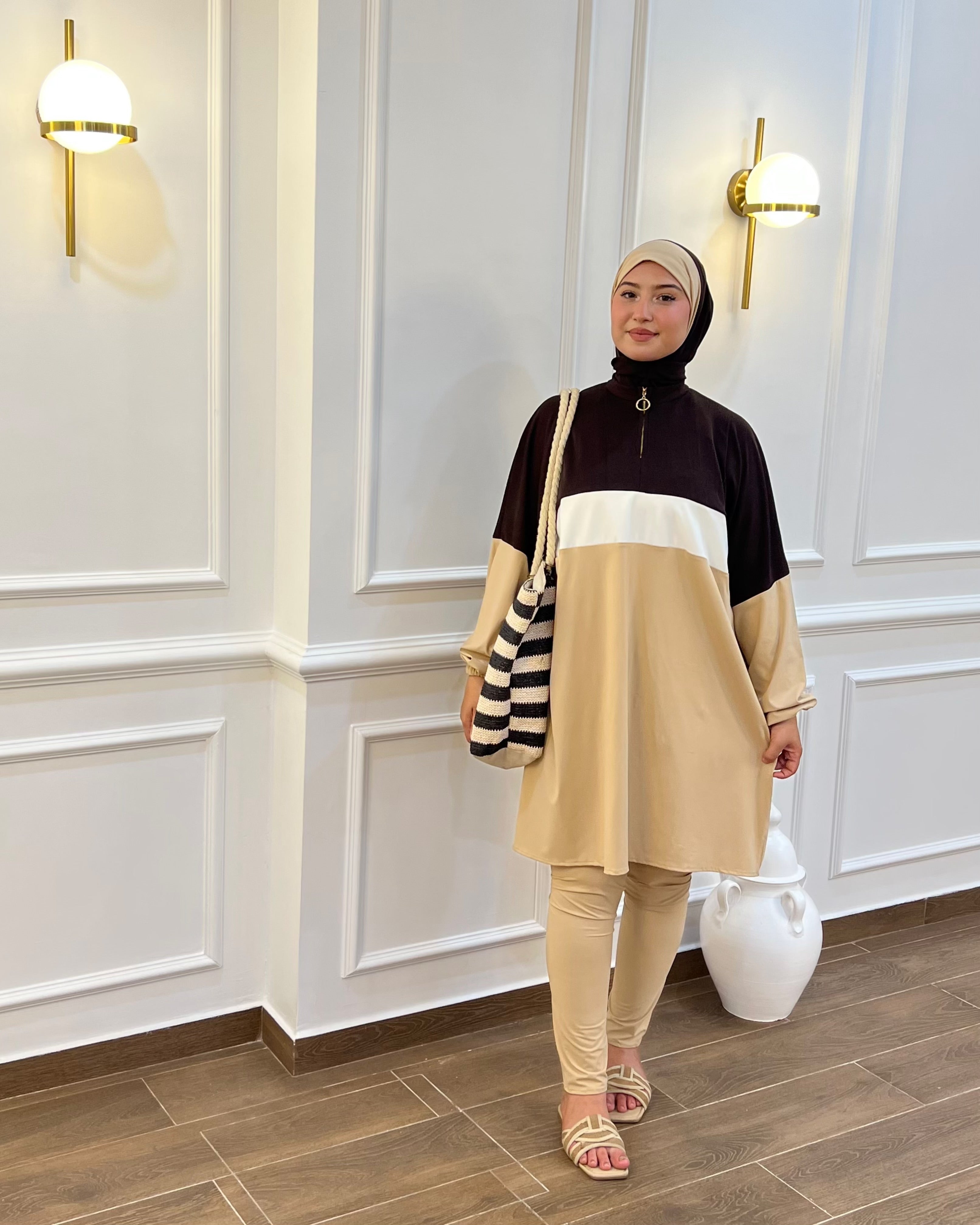BURKINI SUMMER DION SPORT DE COULEUR BEIGE ( 3 PIÈCES ) AVEC BOURSE
