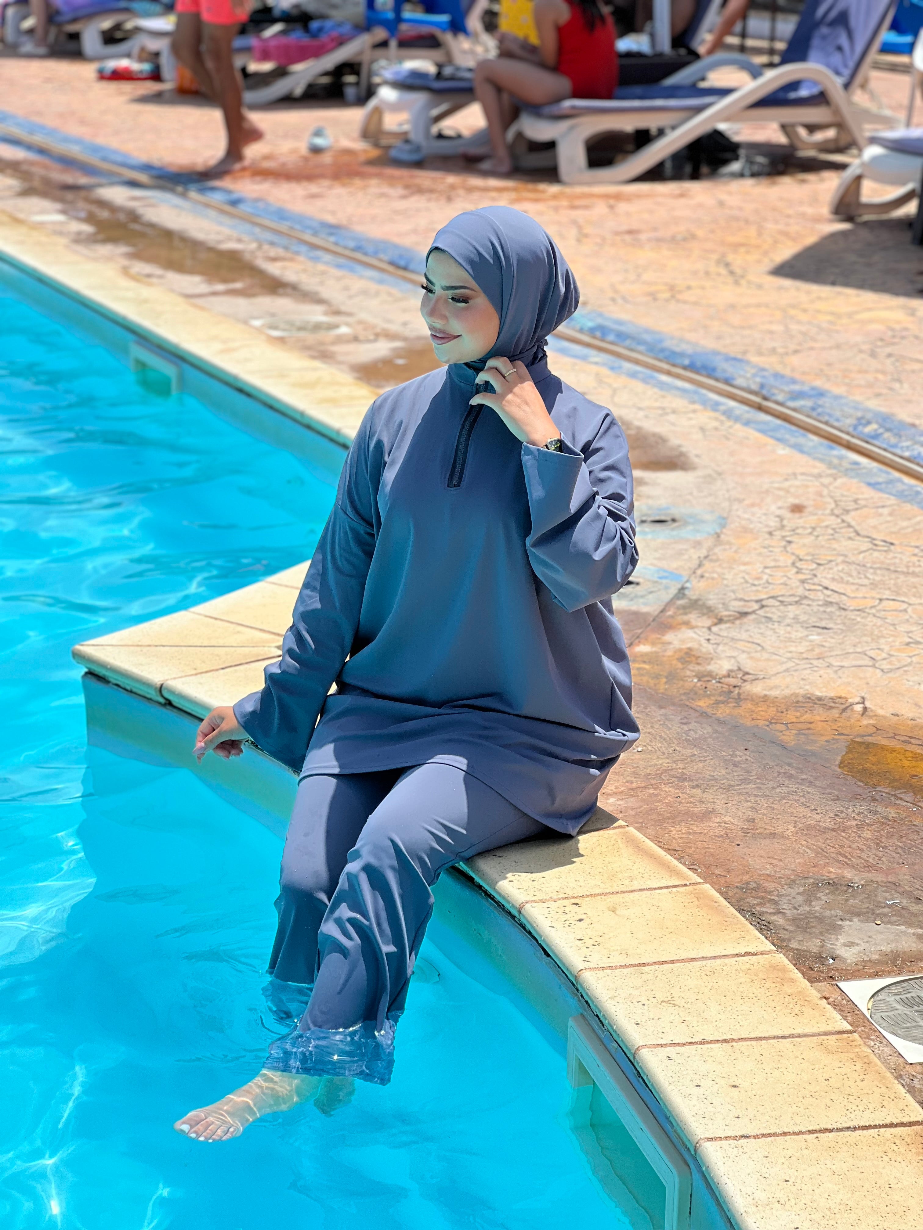 BURKINI STYLE SHEIN COULEUR BLEU GRIS 3 PIÈCES AVEC BOURSE DE RANGEMENT