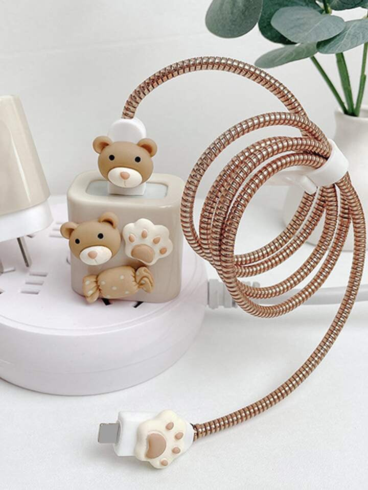 PROTECTEUR DE CHARGEUR ET DE CABLE DE CHARGE MOTIF NOUNOURS MARRON