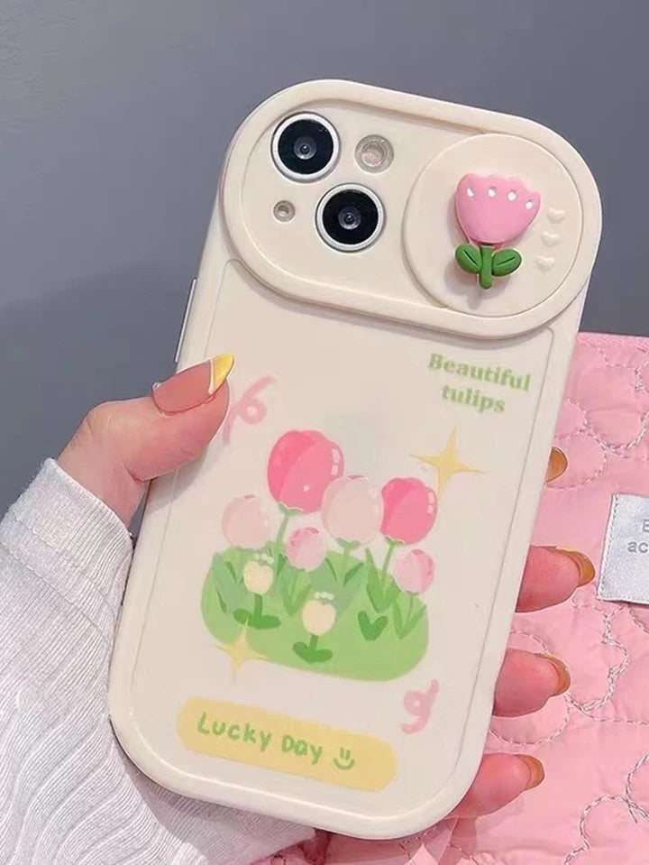 COQUE DE TÉLÉPHONE MOTIF FLEURS AVEC FERMETURE CAMÉRA