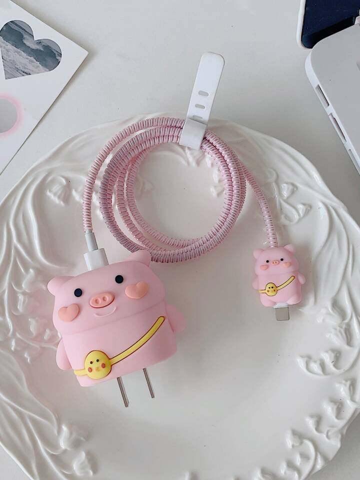 PROTECTEUR DE CHARGEUR ET DE CABLE DE CHARGE MOTIF COCHON PINK