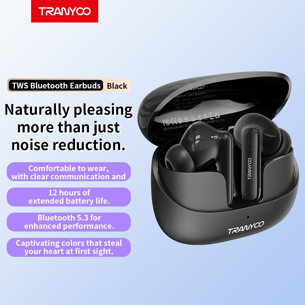 TRANYOO M26 TWS BLUETOOTH 5.3 SANS FIL ÉCOUTEUR ÉTANCHE EARPOD TACTILE STÉRÉO AVEC MICRO (NOIR)