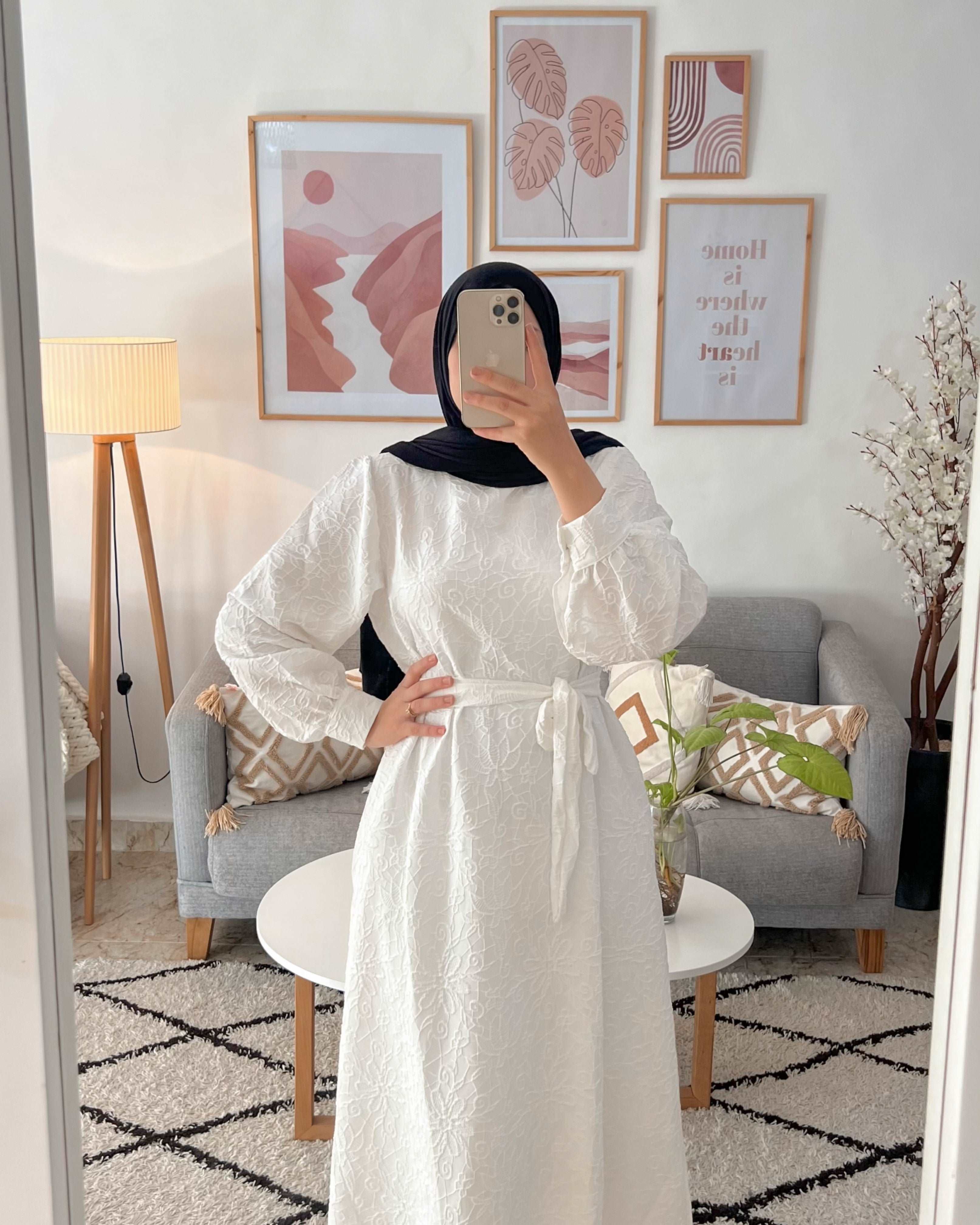 ROBE EFFET DENTELLE UNIE COULEUR BLANCHE