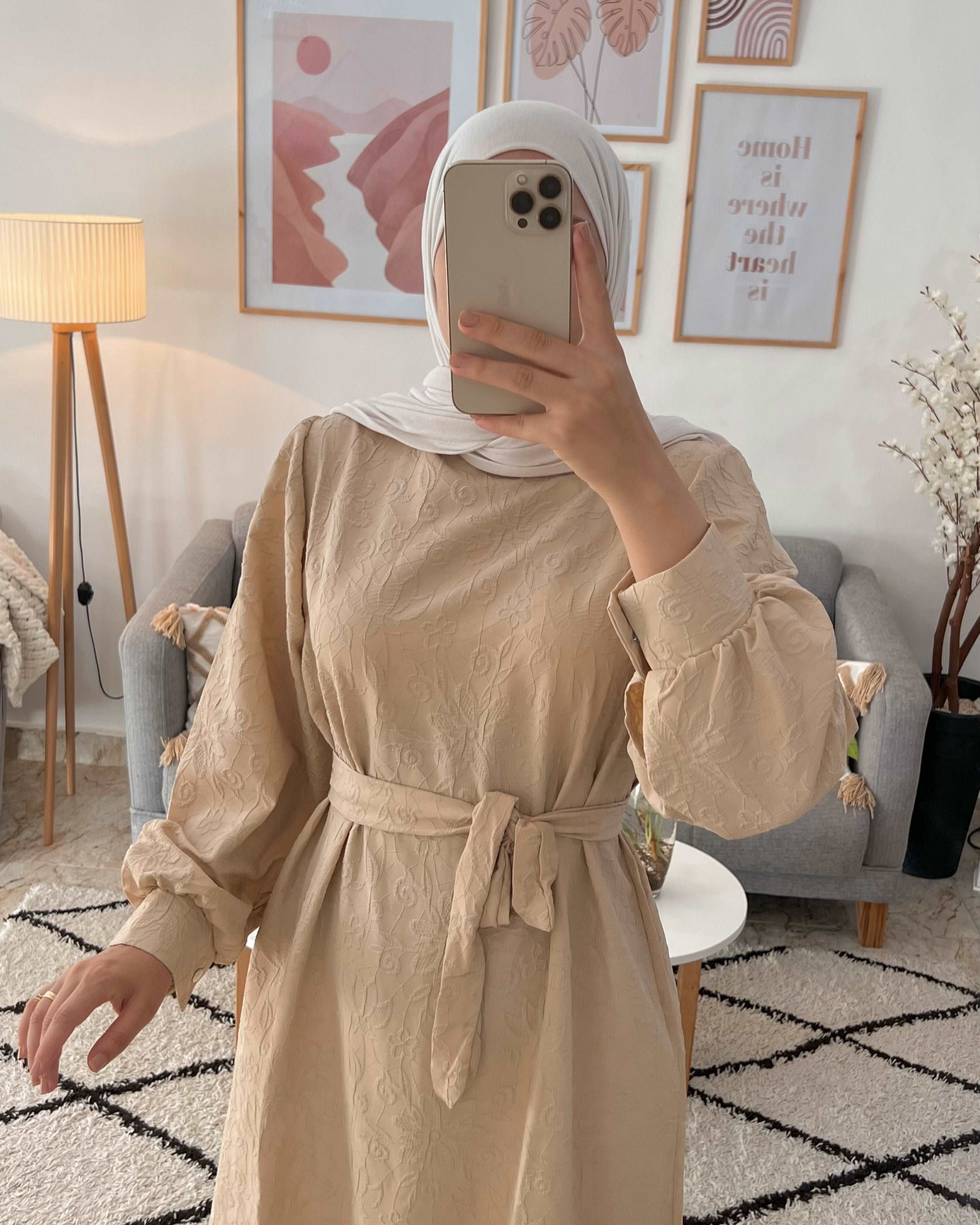 ROBE EFFET DENTELLE UNIE COULEUR BEIGE