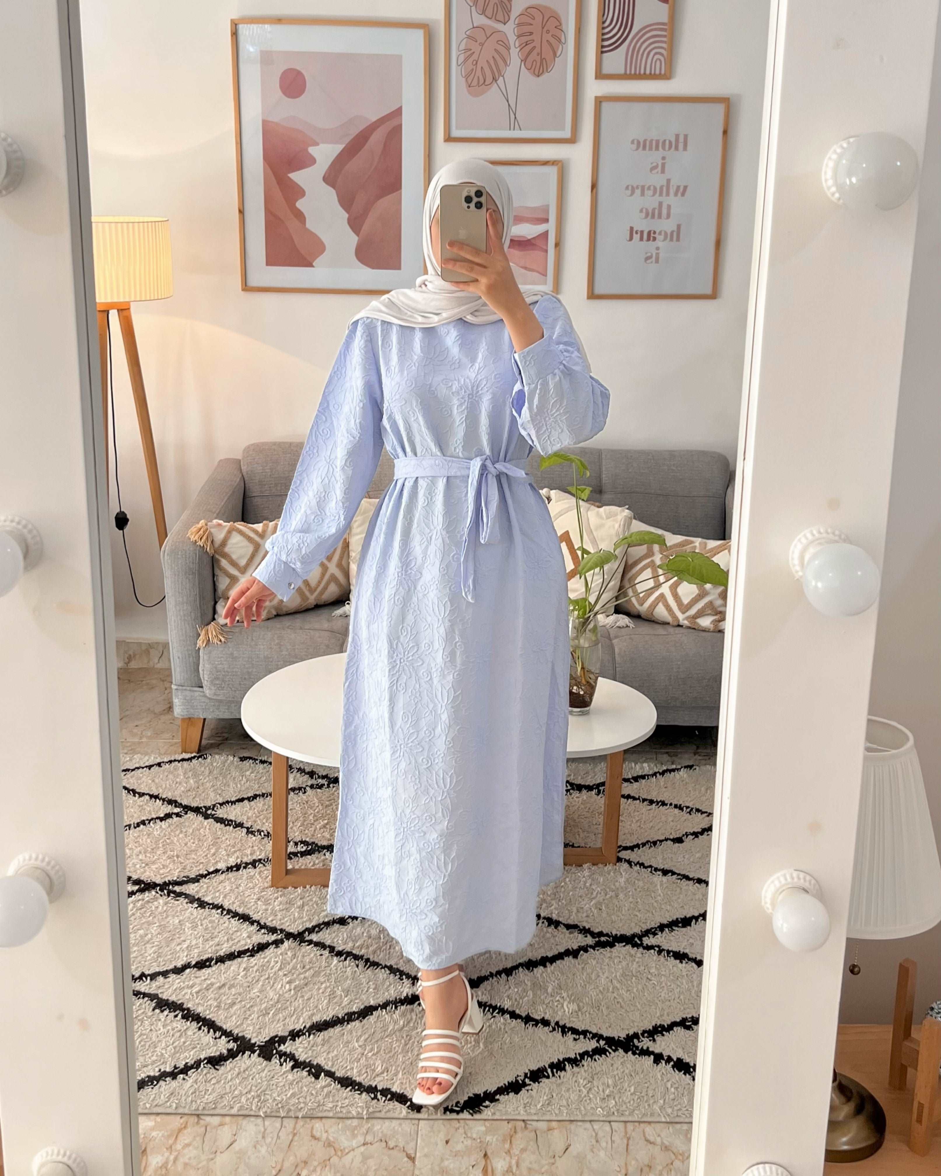 ROBE EFFET DENTELLE UNIE COULEUR BLEU CIEL