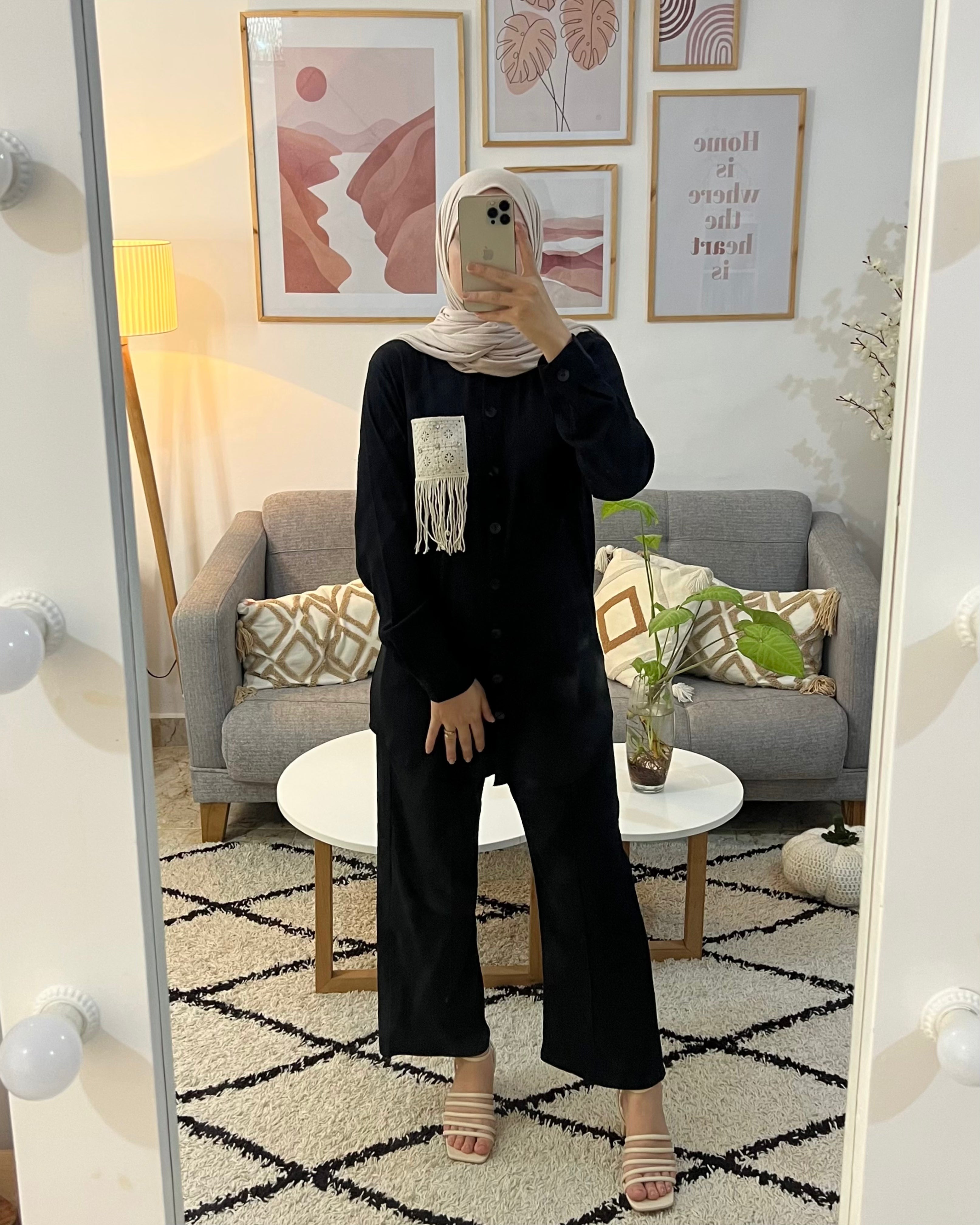 ENSEMBLE DEMI SAISON AVEC POCHE BOHEME COULEUR NOIR