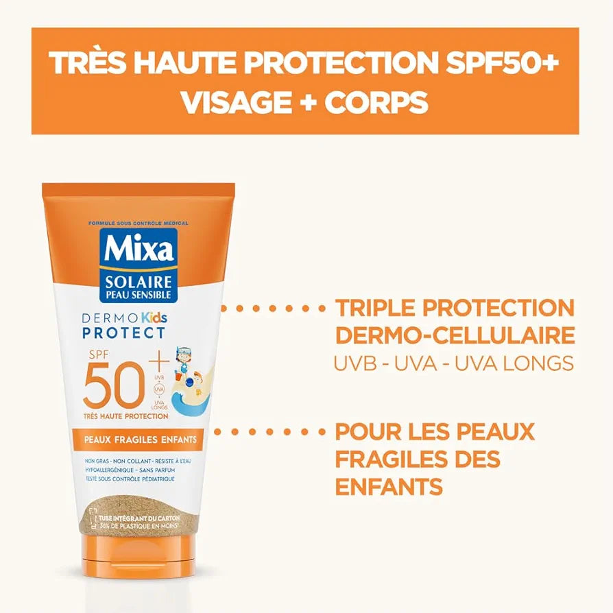 MIXA DERMOKIDS LAIT SOLAIRE ENFANTS POUR LES PEAUX FRAGILES, TRÈS HAUTE PROTECTION SPF 50+ 175ML