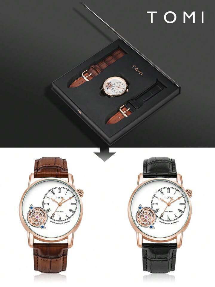 TOMI ORIGINAL FACEGEAR DOUBLE CEINTURE EN CUIR MONTRE POUR HOMME ACIER INOXYDABLE DORÉ FOND BLANC