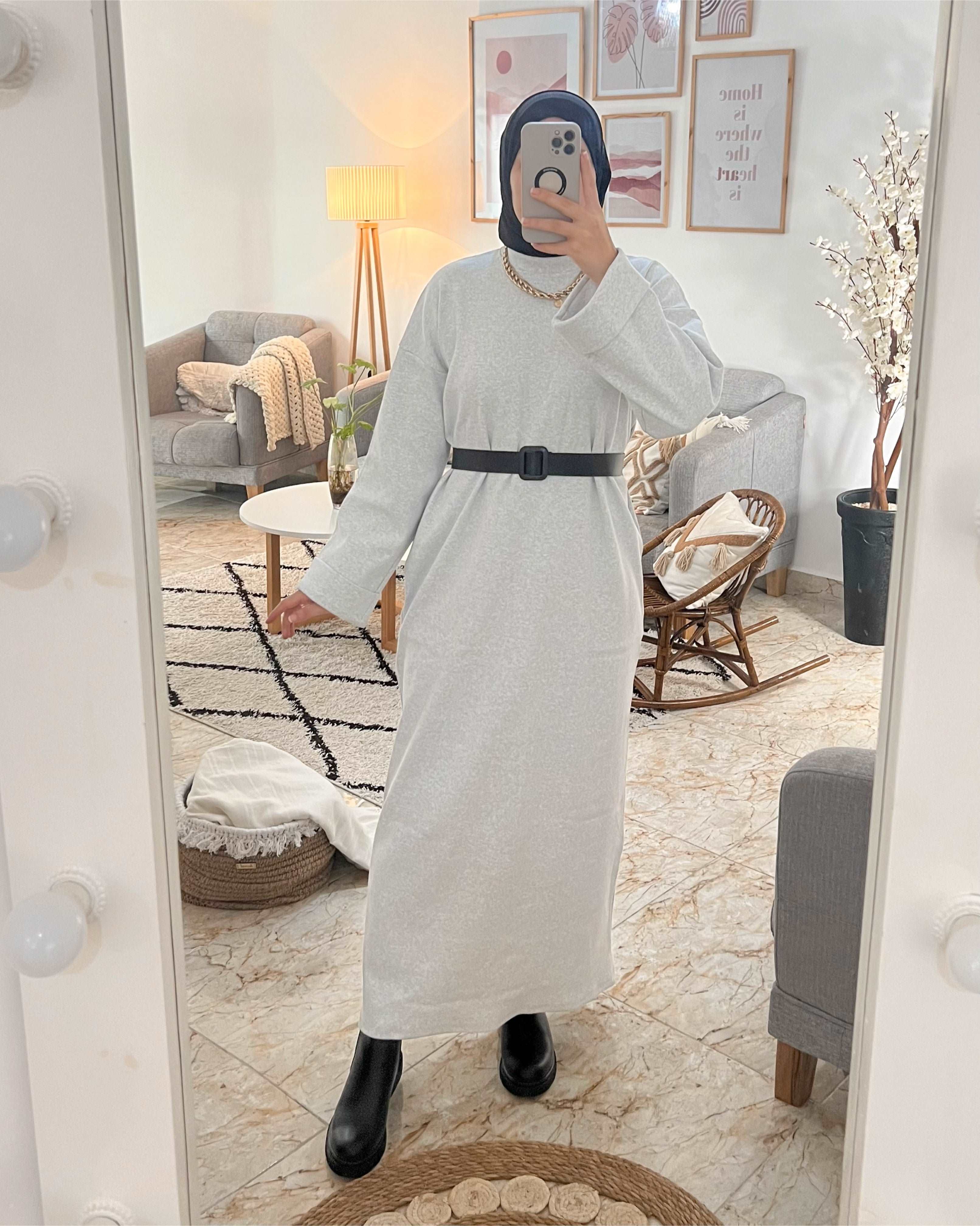 ROBE DION WINTER CHAUDE AVEC CEINTURE COULEUR GRISE