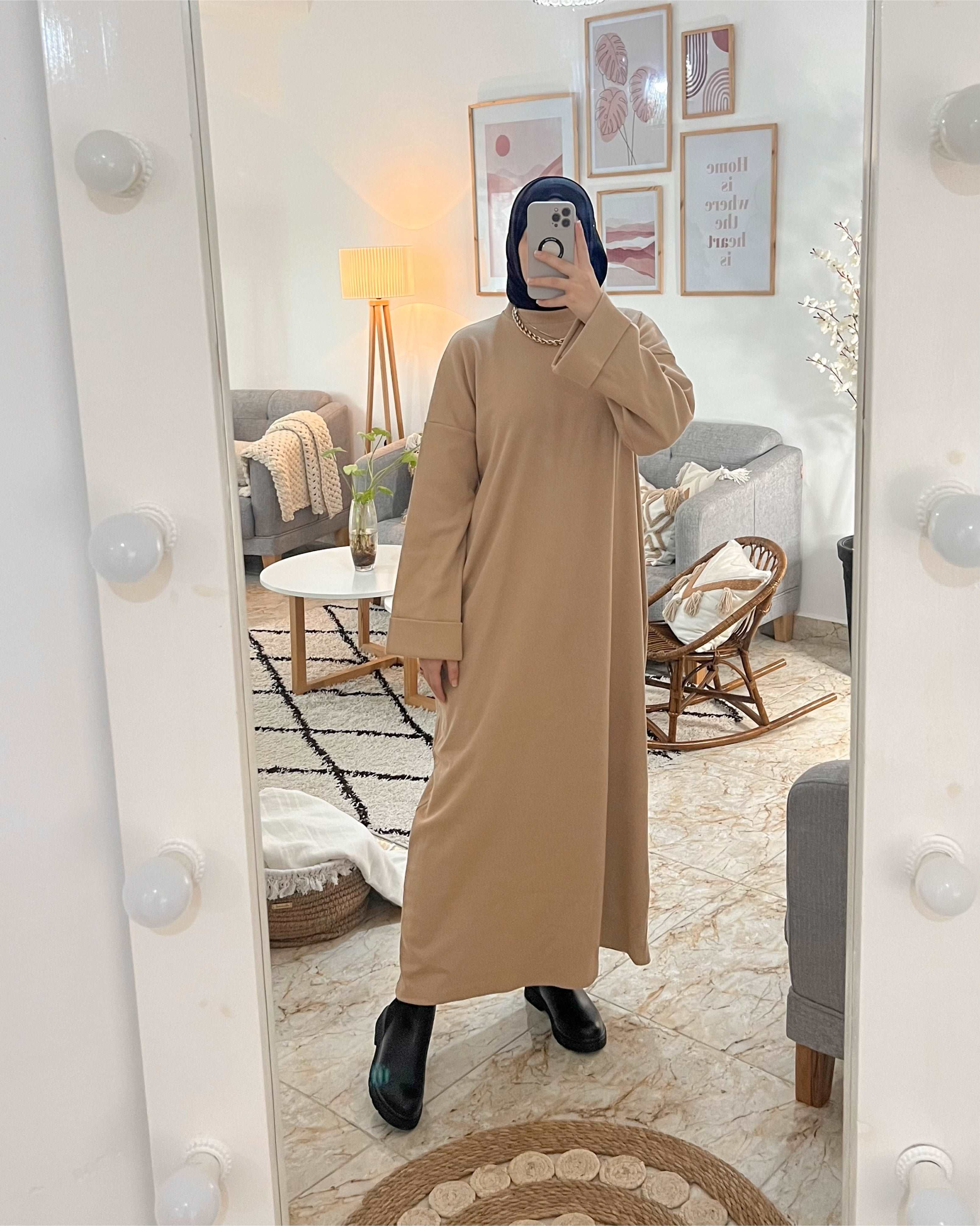 ROBE DION WINTER CHAUDE AVEC CEINTURE COULEUR BEIGE FONCÉ