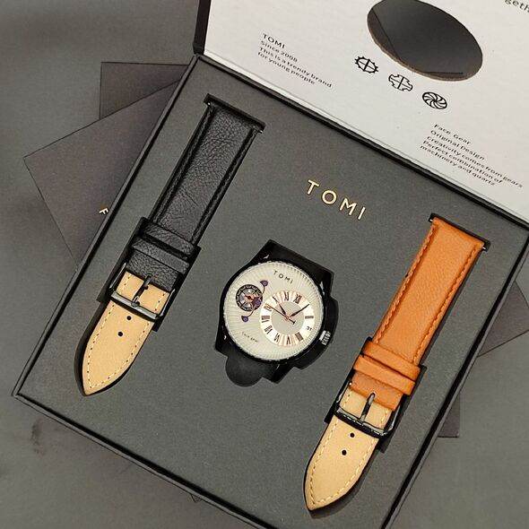 TOMI ORIGINAL FACEGEAR DOUBLE CEINTURE EN CUIR MONTRE POUR HOMME ACIER INOXYDABLE DORÉ FOND BEIGE