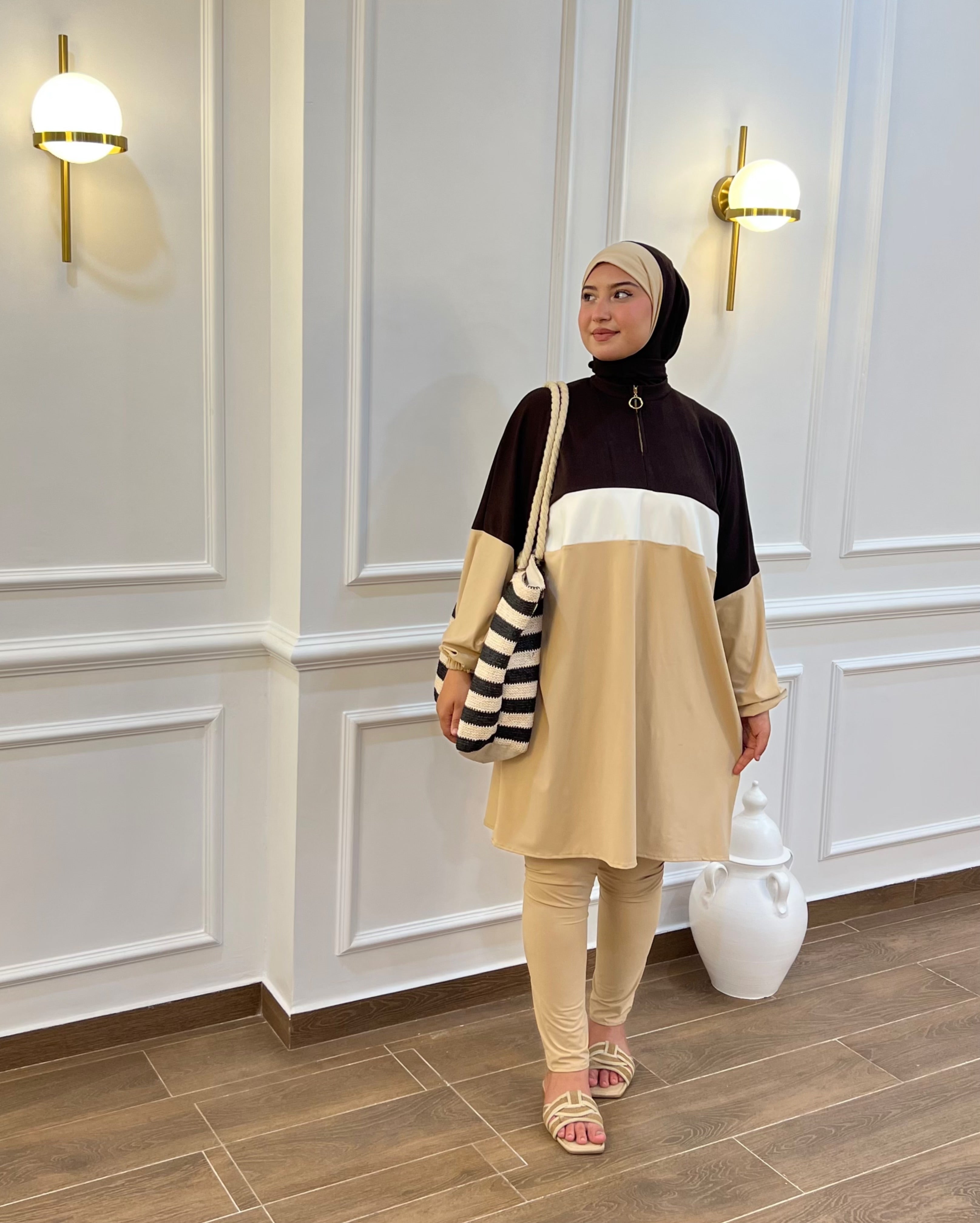 BURKINI SUMMER DION SPORT DE COULEUR BEIGE ( 3 PIÈCES ) AVEC BOURSE