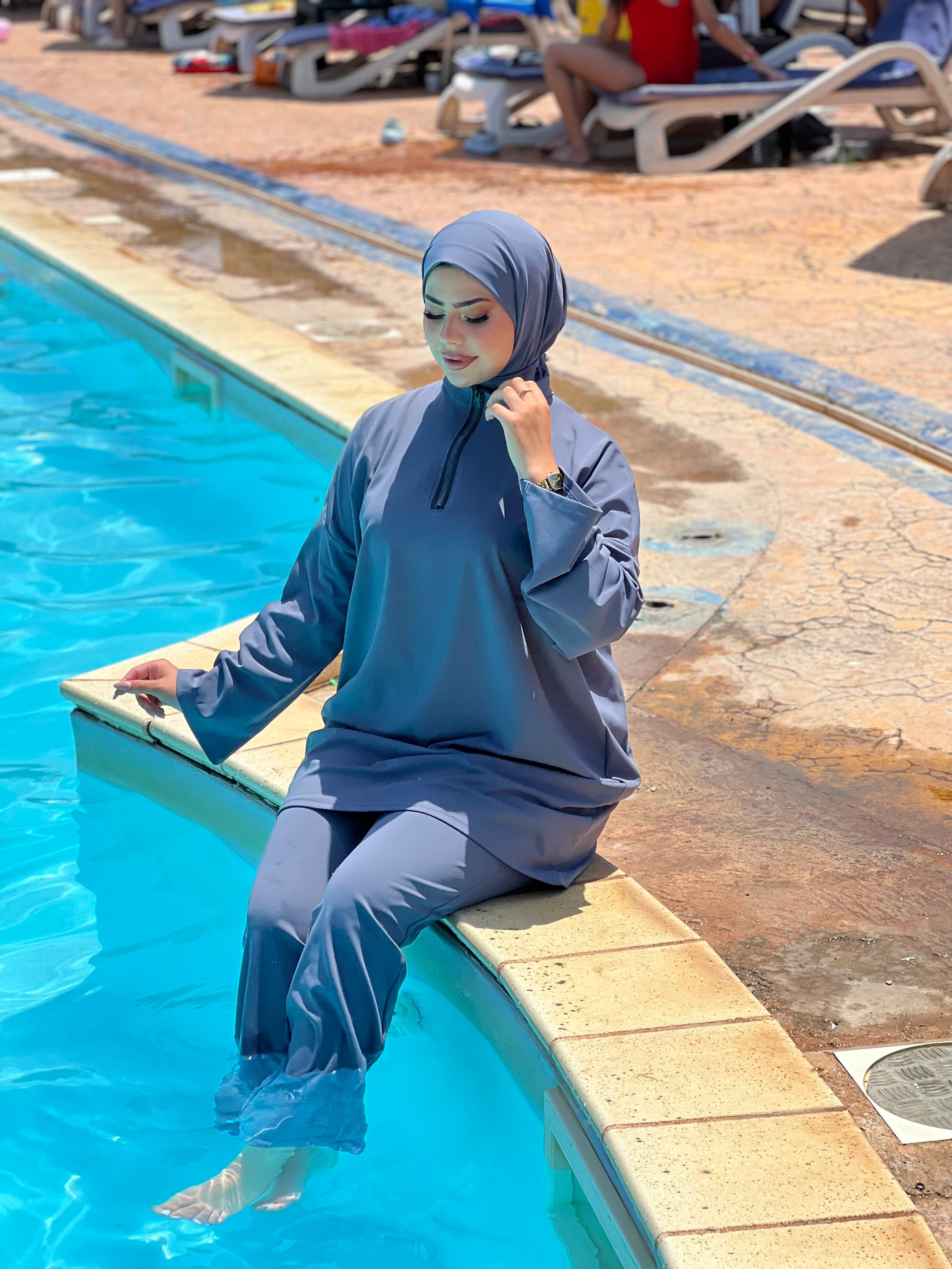 BURKINI STYLE SHEIN COULEUR BLEU GRIS 3 PIÈCES AVEC BOURSE DE RANGEMENT