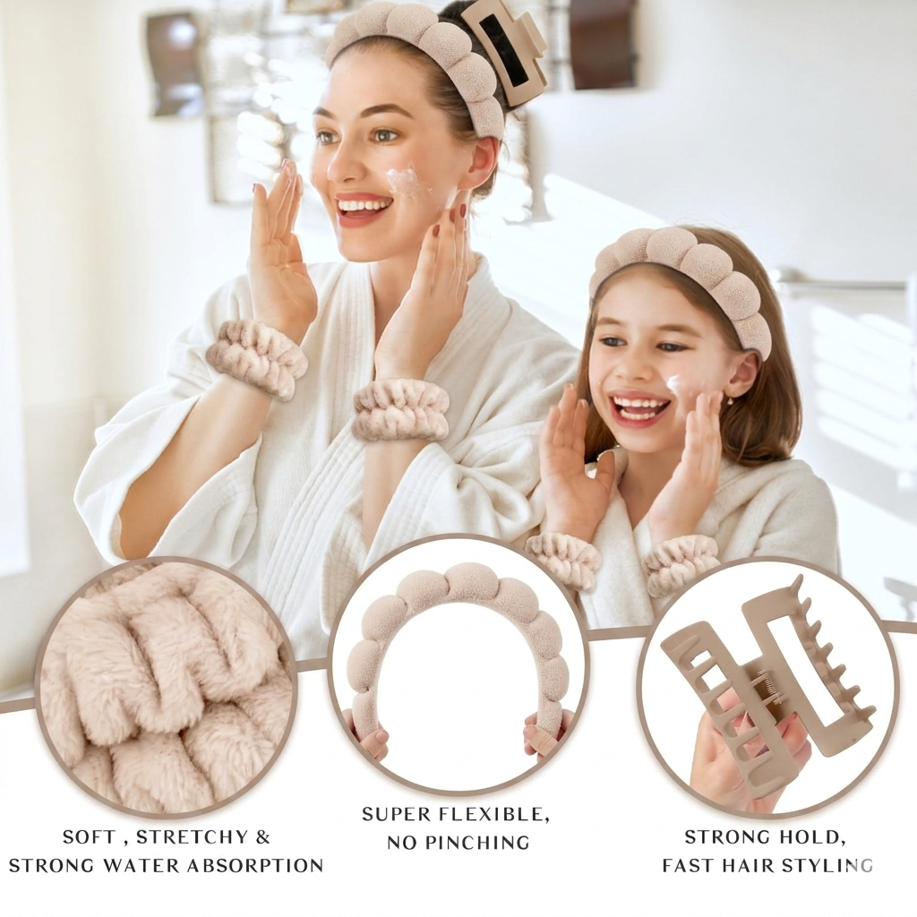 ENSEMBLE 4 PIECES BANDEAU / BRACELETS DE SPA ET PINCE BEIGE