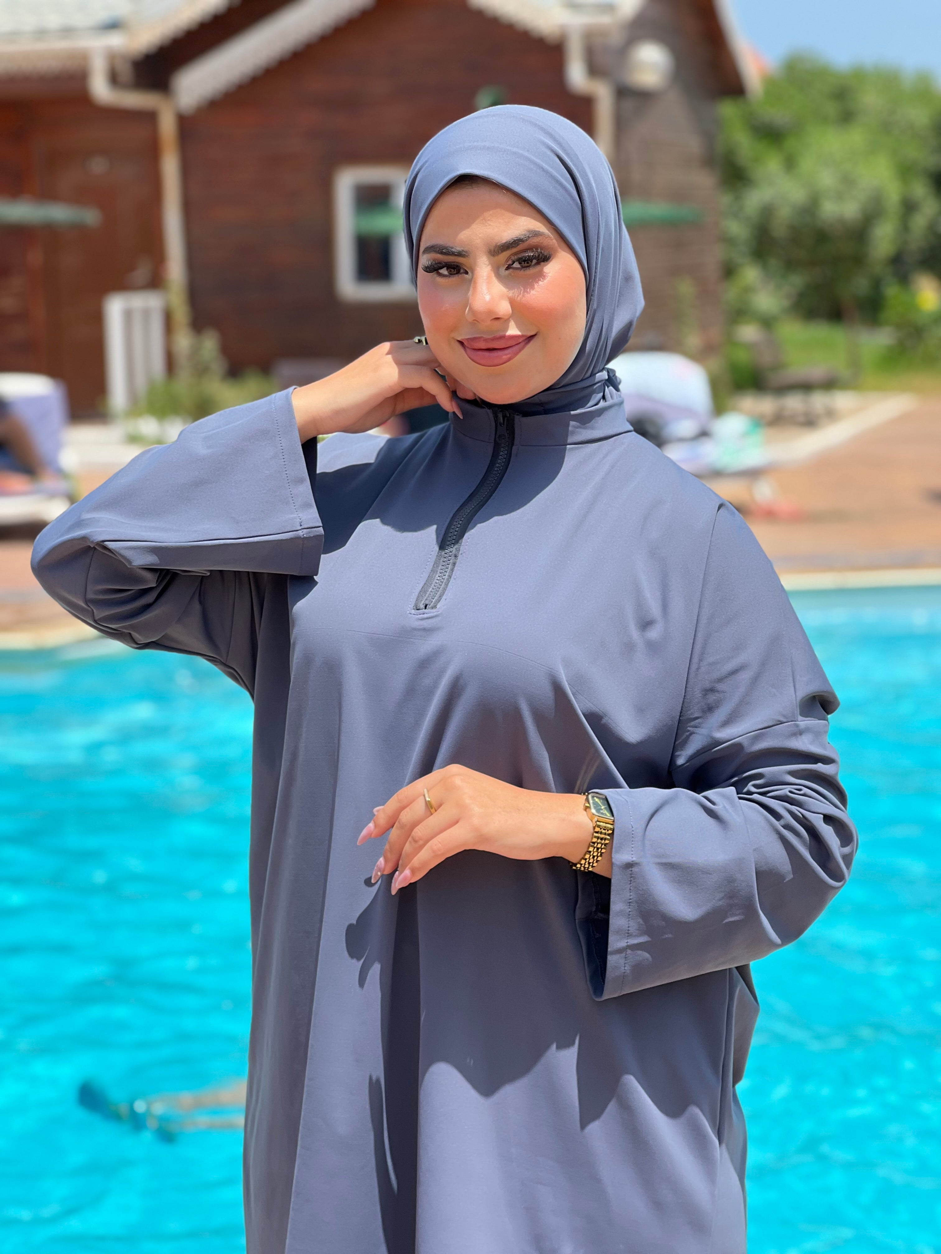 BURKINI STYLE SHEIN COULEUR BLEU GRIS 3 PIÈCES AVEC BOURSE DE RANGEMENT