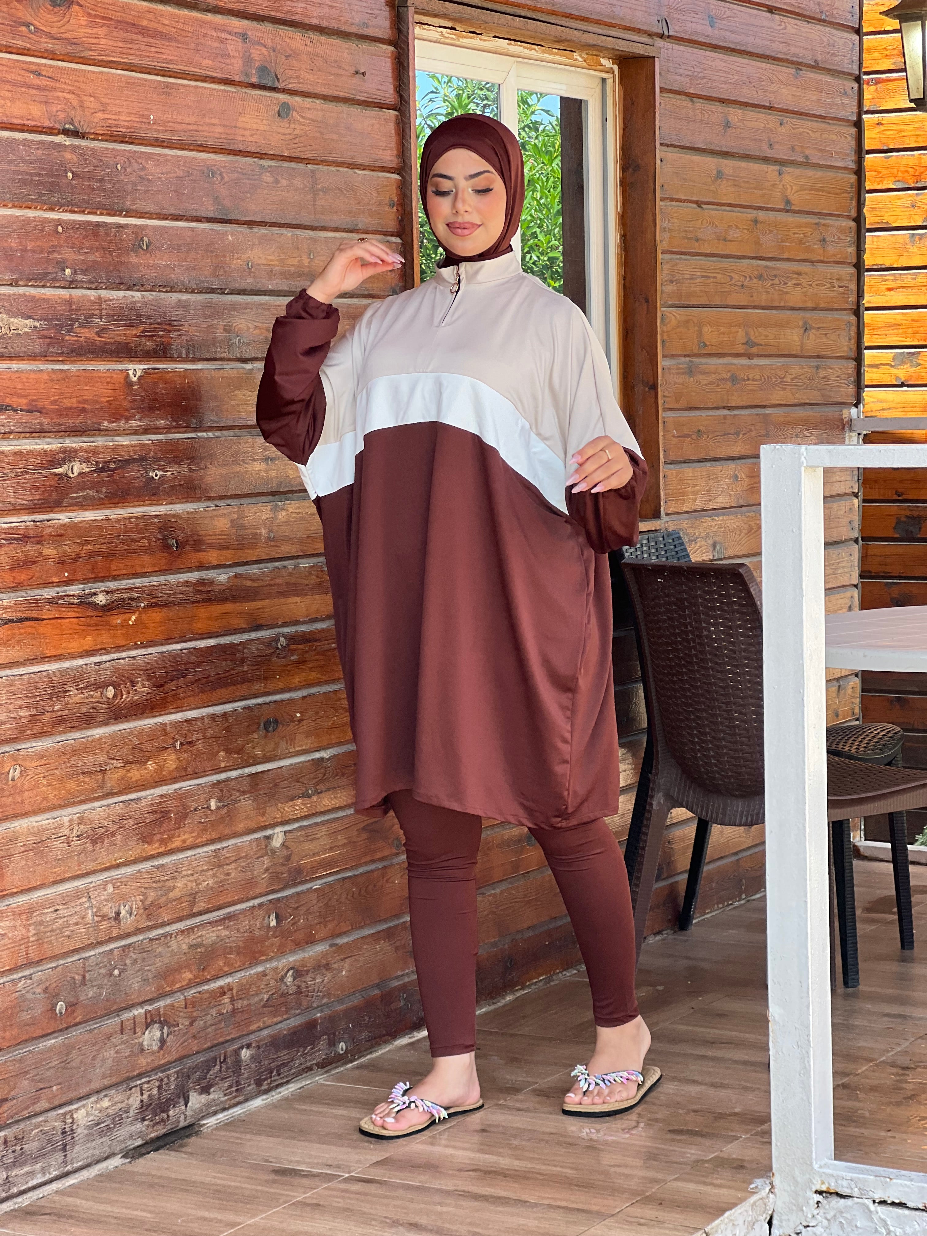 BURKINI SUMMER DION SPORT COULEUR MARRON ( 3 PIÈCES ) AVEC BOURSE DE RANGEMENT