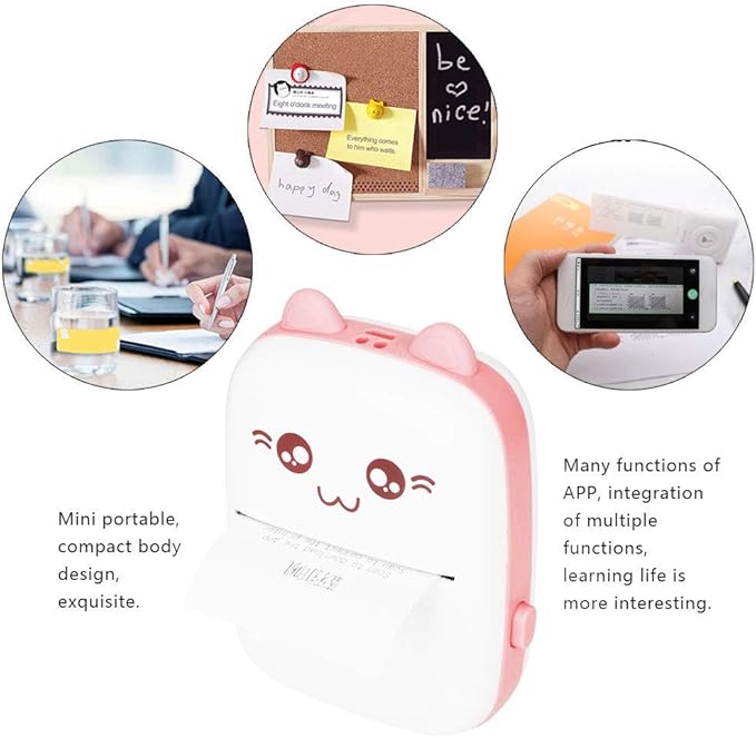 MINI IMPRIMANTE PORTABLE, THERMIQUE, SANS ENCRE, BLUETOOTH (ROSE).