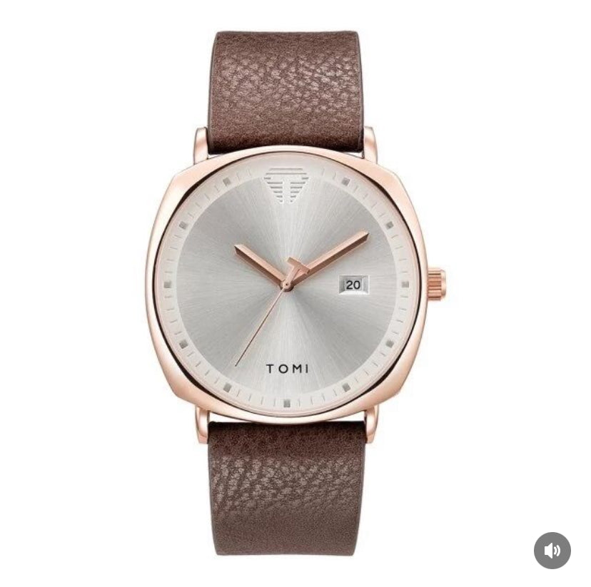 TOMI ORIGINAL MONTRE UNISEX ACIER INOXYDABLE DORÉ CEINTURE MARRON EN CUIR FOND BLANC