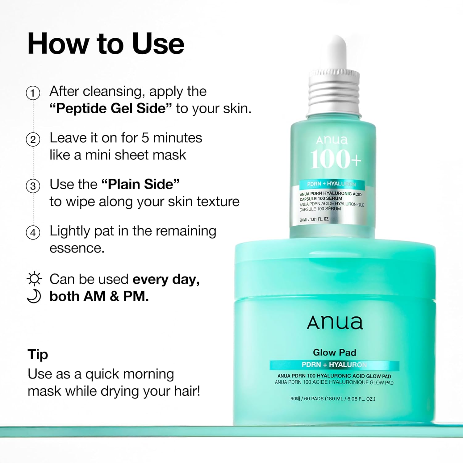 ANUA PDRN 100 HYALURONIC ACID GLOW 60 ML PADS 180 ML
