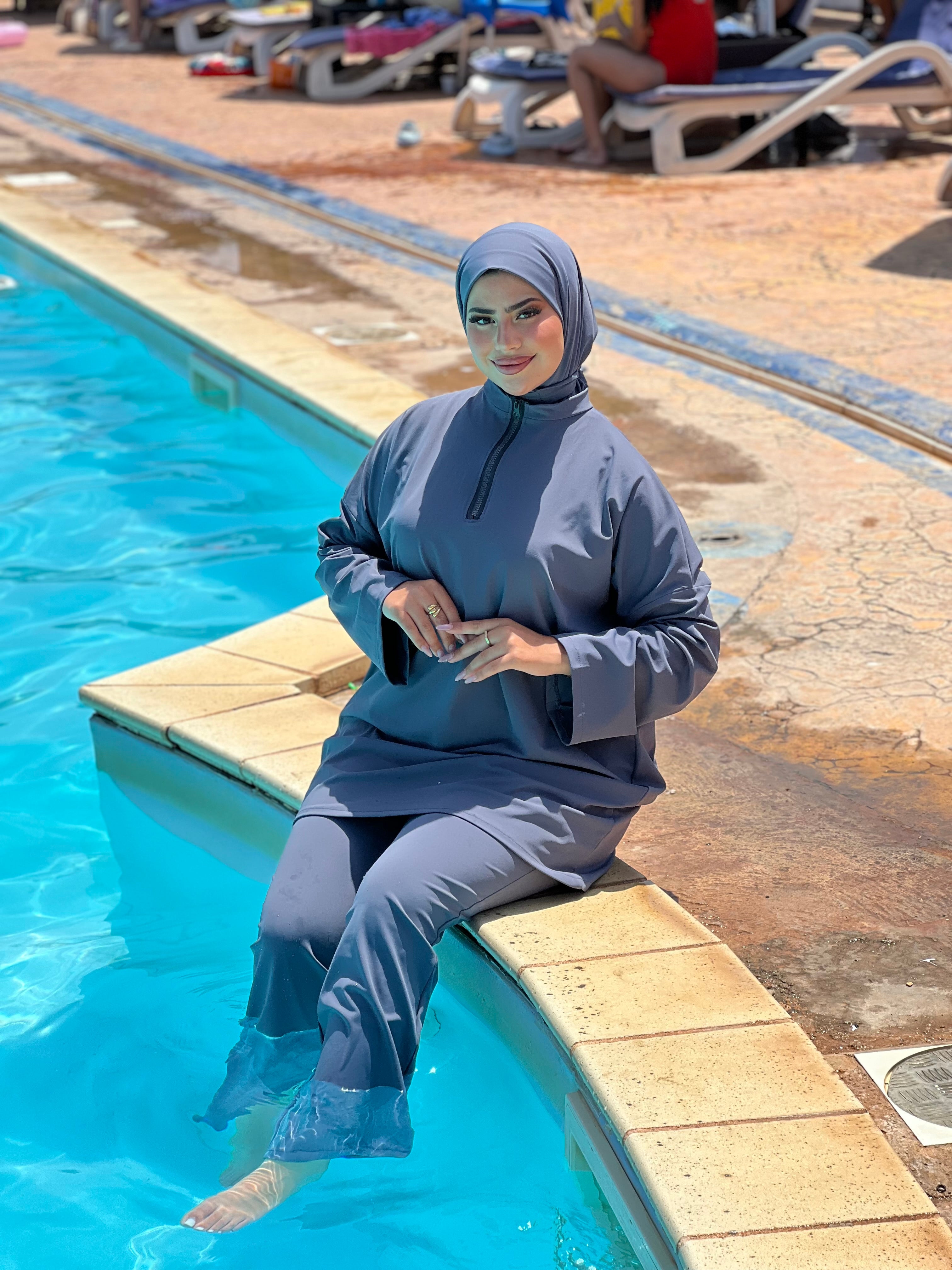 BURKINI STYLE SHEIN COULEUR BLEU GRIS 3 PIÈCES AVEC BOURSE DE RANGEMENT
