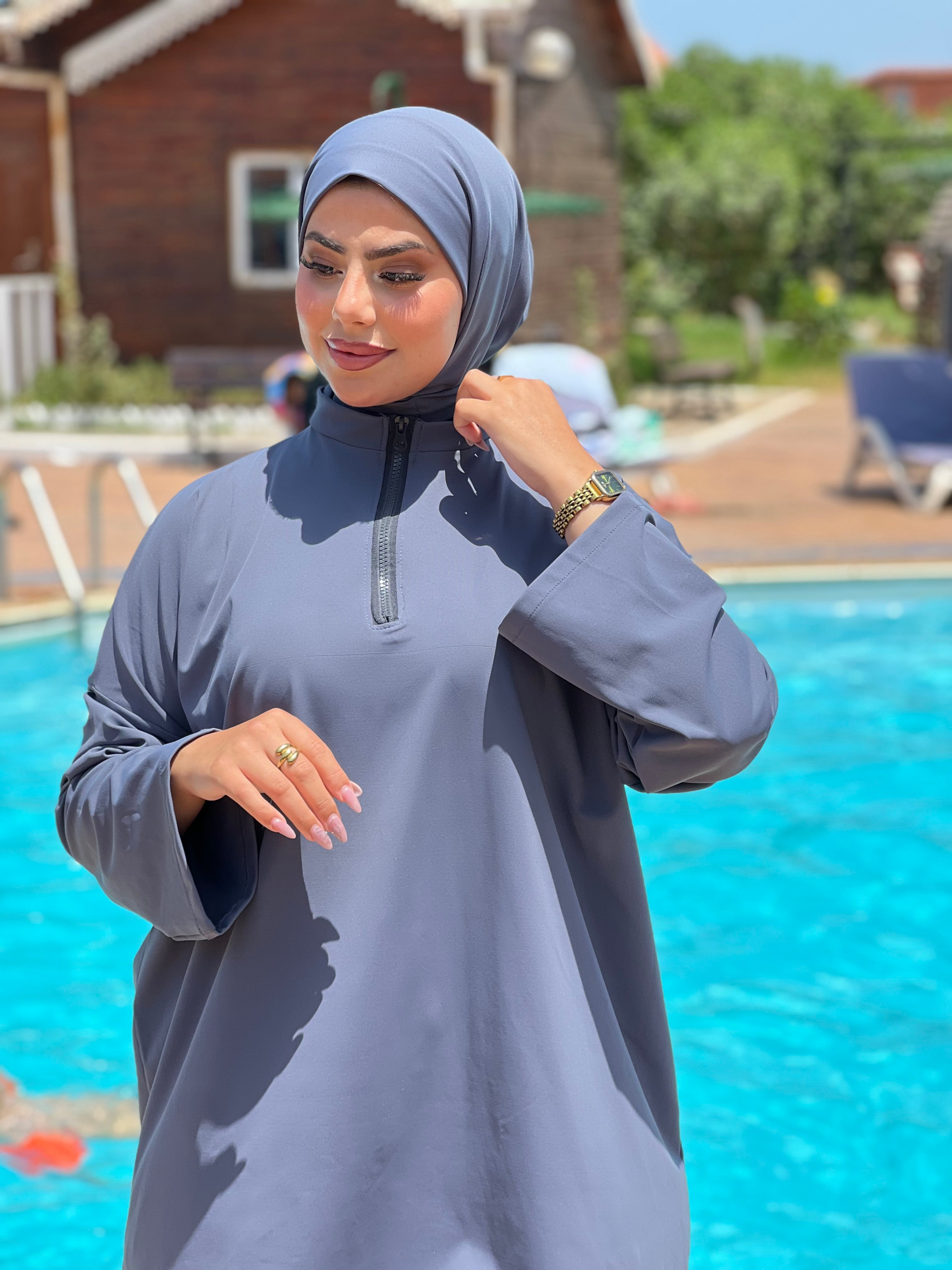 BURKINI STYLE SHEIN COULEUR BLEU GRIS 3 PIÈCES AVEC BOURSE DE RANGEMENT