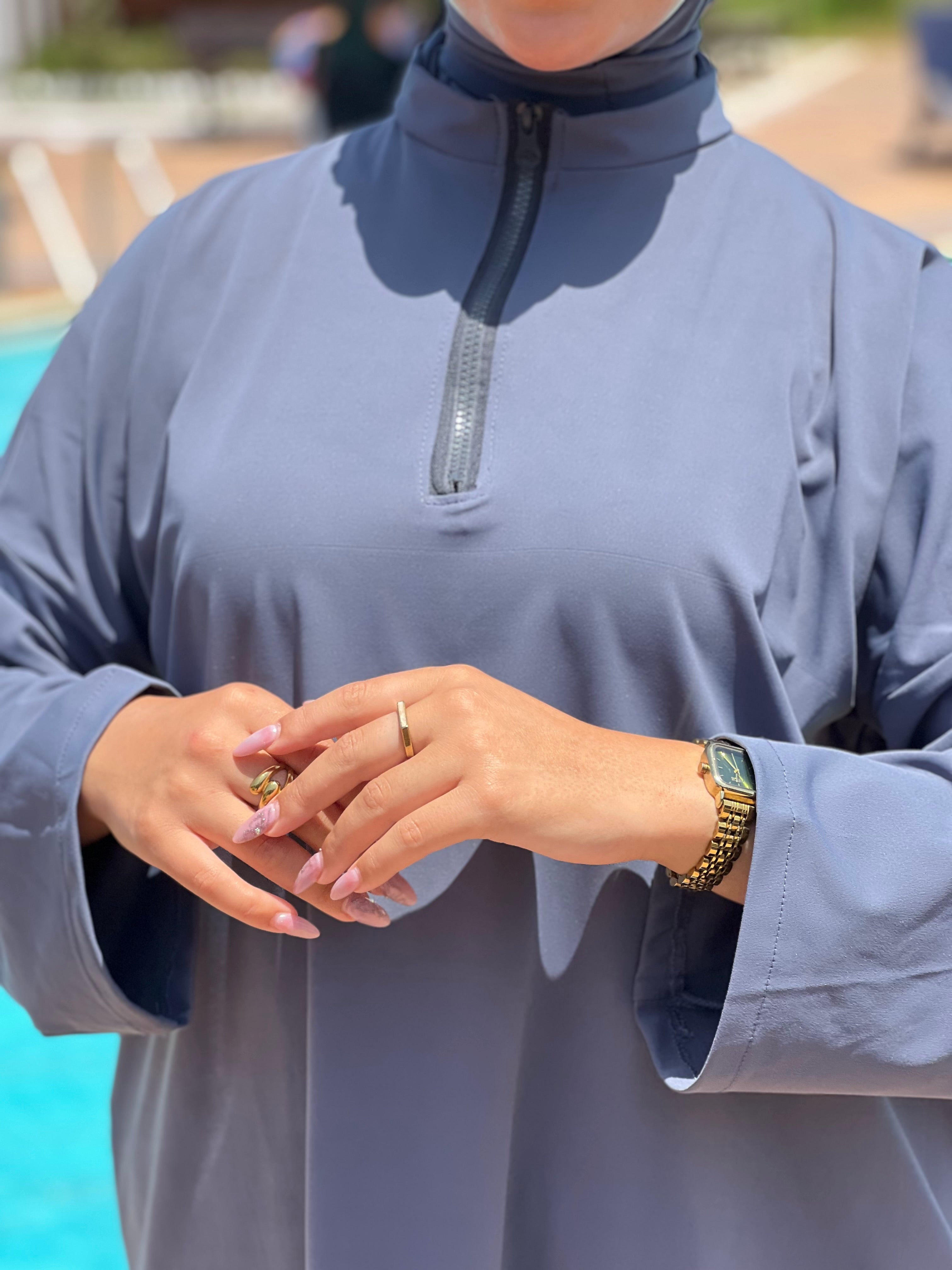BURKINI STYLE SHEIN COULEUR BLEU GRIS 3 PIÈCES AVEC BOURSE DE RANGEMENT