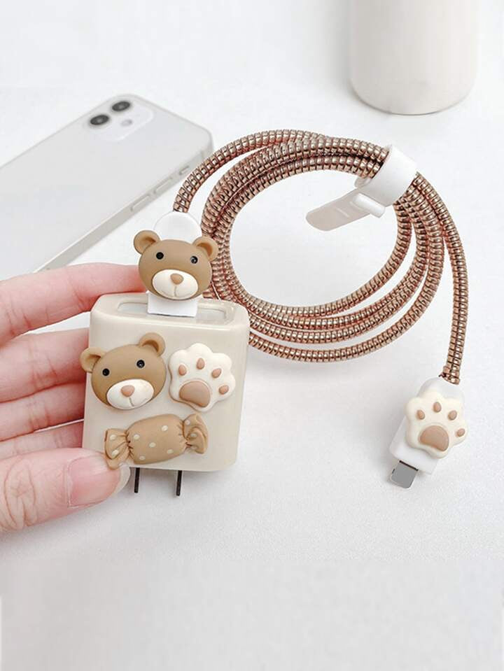 PROTECTEUR DE CHARGEUR ET DE CABLE DE CHARGE MOTIF NOUNOURS MARRON