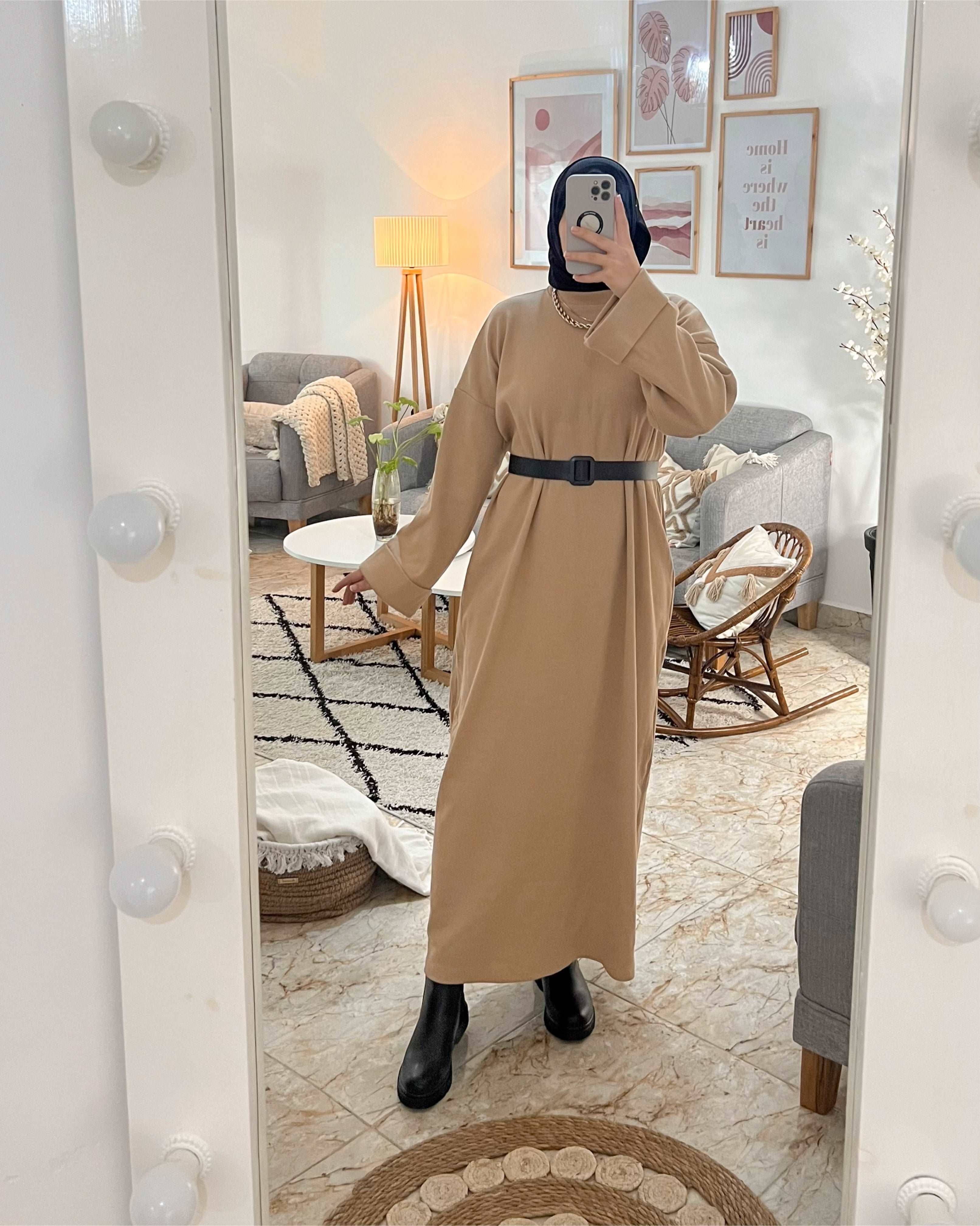 ROBE DION WINTER CHAUDE AVEC CEINTURE COULEUR BEIGE FONCÉ