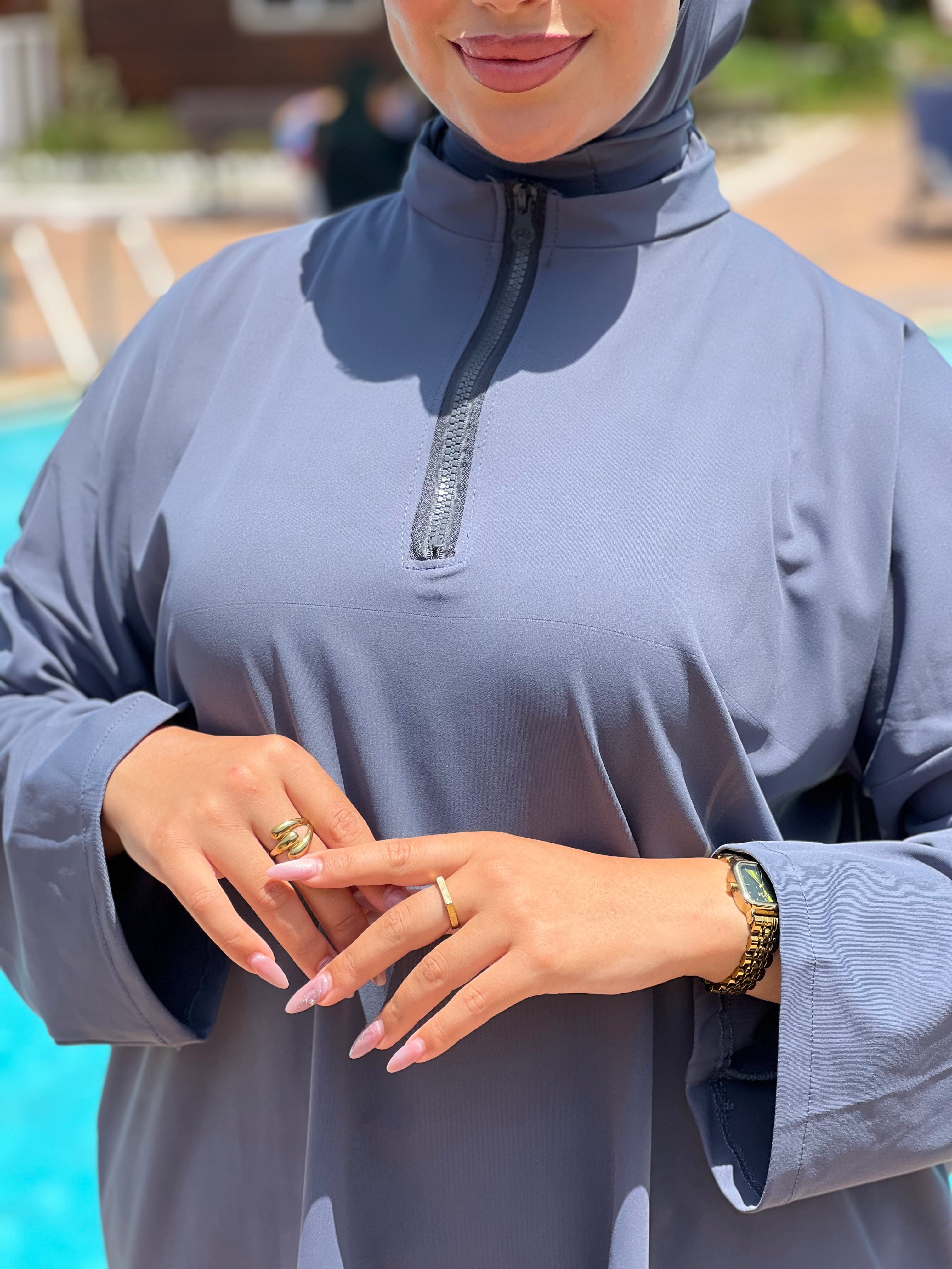 BURKINI STYLE SHEIN COULEUR BLEU GRIS 3 PIÈCES AVEC BOURSE DE RANGEMENT