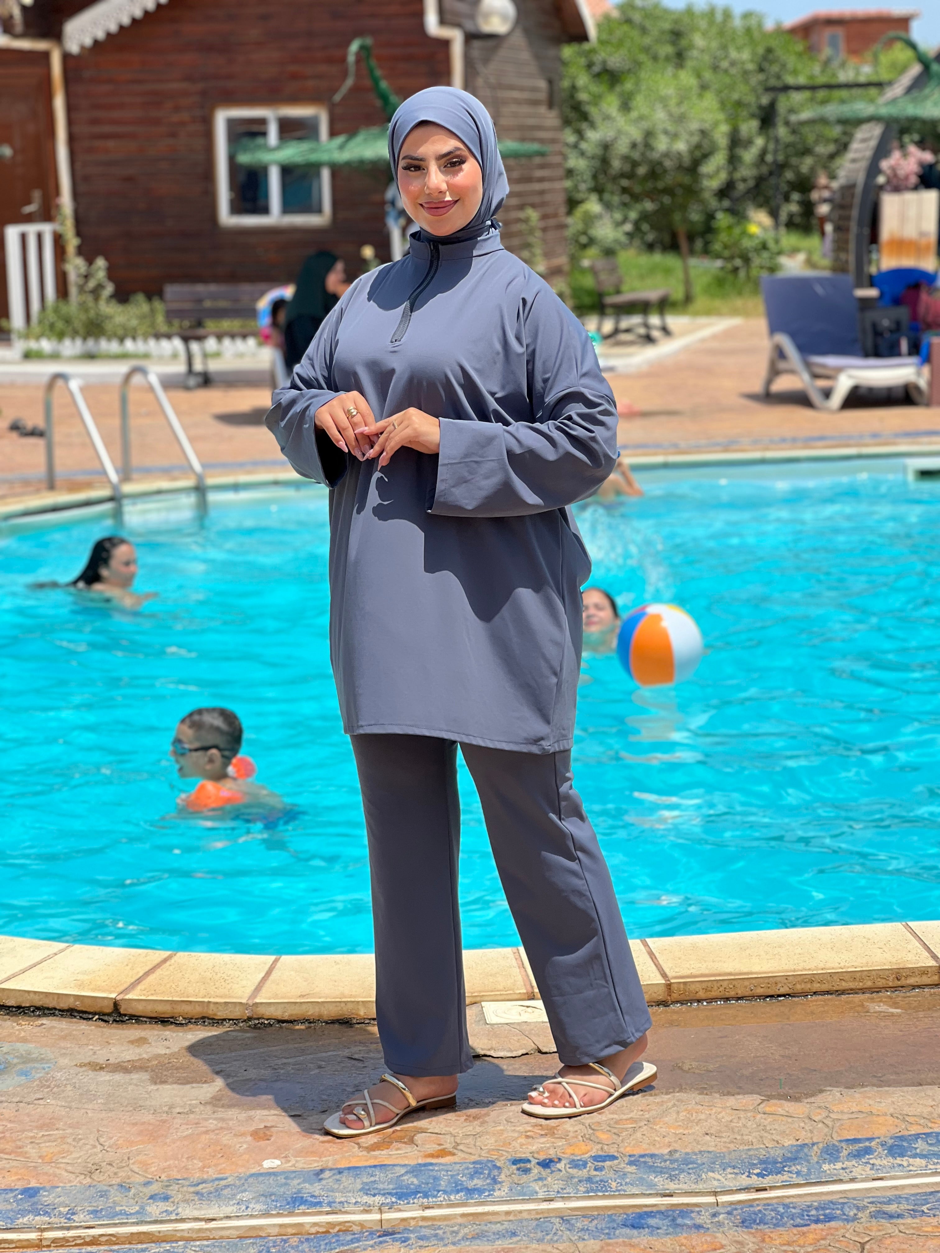 BURKINI STYLE SHEIN COULEUR BLEU GRIS 3 PIÈCES AVEC BOURSE DE RANGEMENT