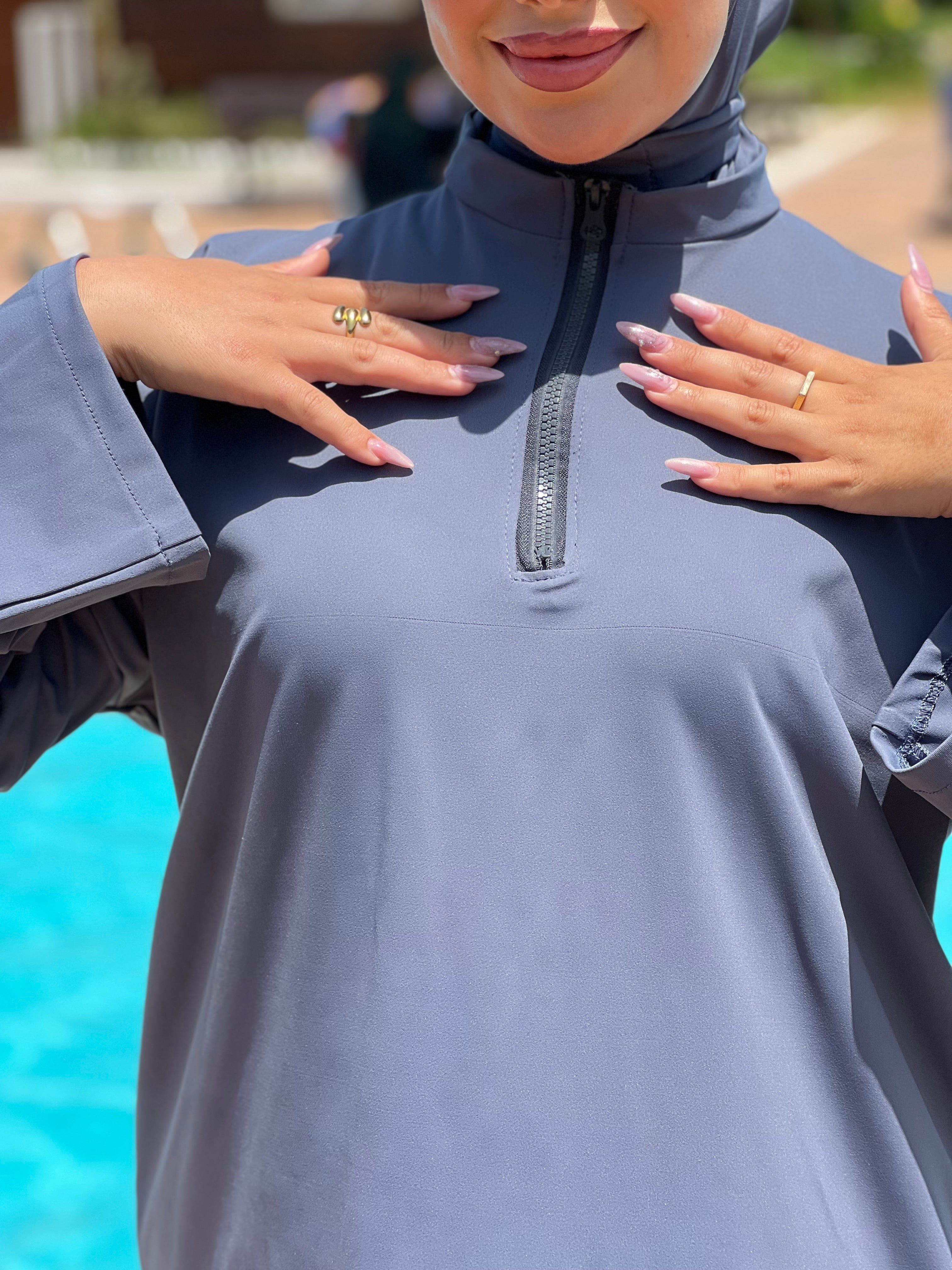 BURKINI STYLE SHEIN COULEUR BLEU GRIS 3 PIÈCES AVEC BOURSE DE RANGEMENT
