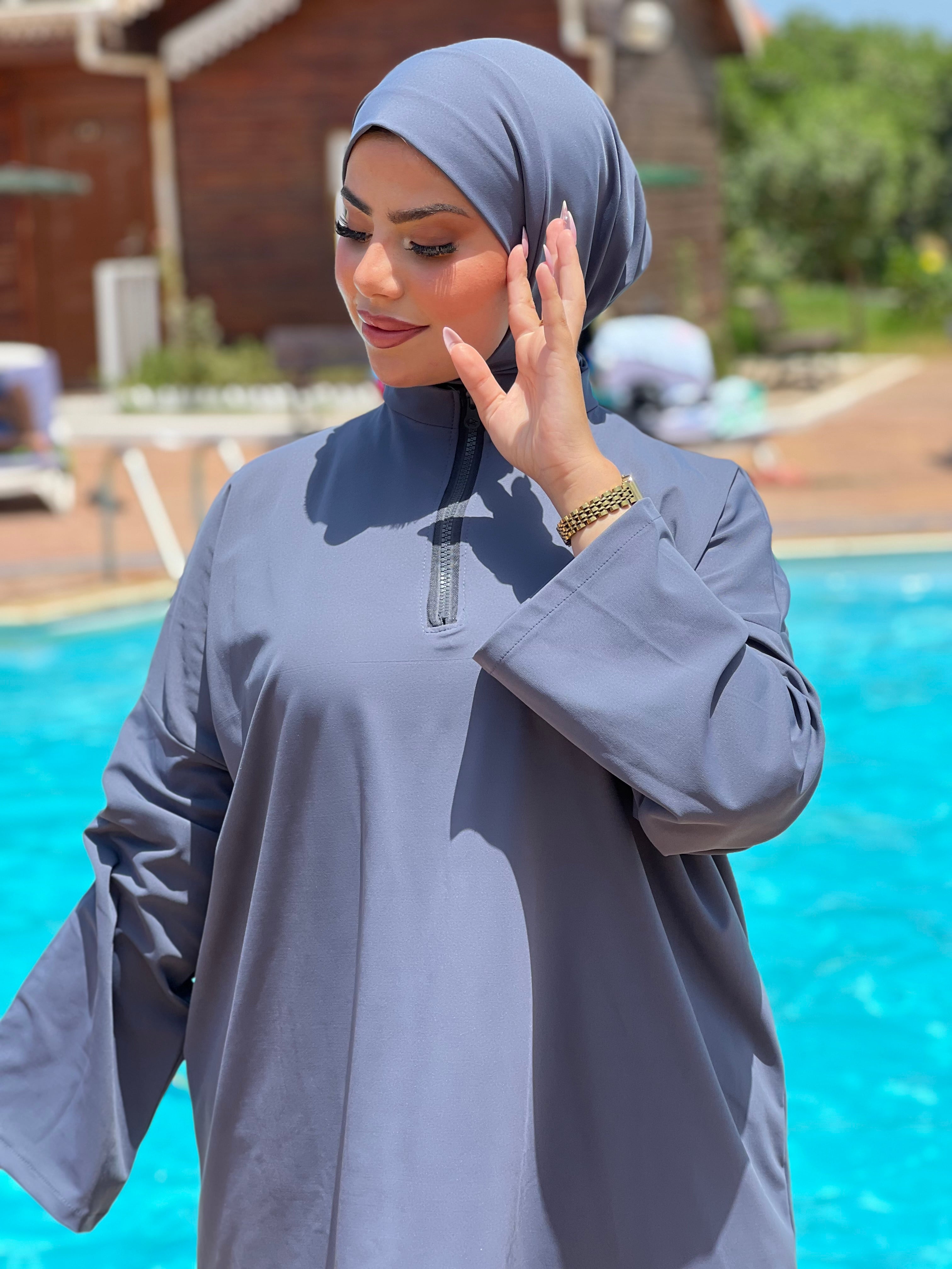 BURKINI STYLE SHEIN COULEUR BLEU GRIS 3 PIÈCES AVEC BOURSE DE RANGEMENT