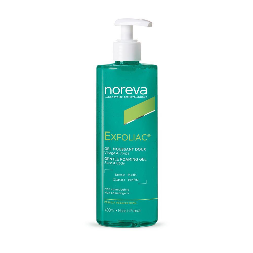 GEL MOUSSANT DOUX NOREVA EXFOLIAC ( VISAGE & CORPS ) PEAUX À IMPERFECTIONS NETTOIE – PURIFIE – APAISE 400 ML