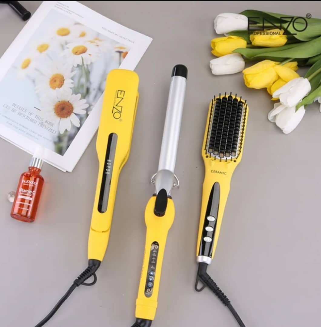 PACK 3 EN 1 BROSSE PRO LUXE LISSEUR BOUCLEUR  JAUNE 3958Y ENZO