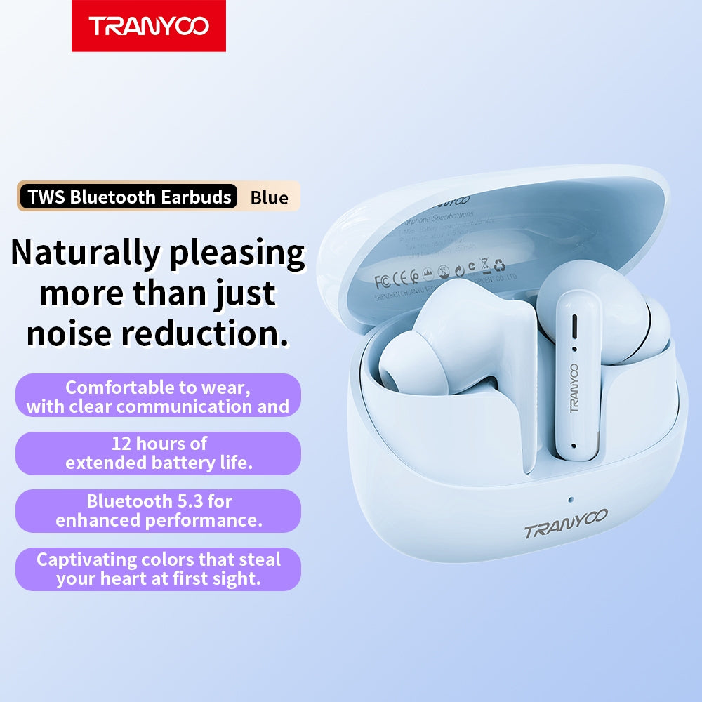 TRANYOO M26 TWS BLUETOOTH 5.3 SANS FIL ÉCOUTEUR ÉTANCHE EARPOD TACTILE STÉRÉO AVEC MICRO (CYAN BLEU)