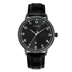 TOMI ORIGINAL MONTRE POUR HOMME ACIER INOXYDABLE NOIR CEINTURE NOIR EN CUIR FOND NOIR